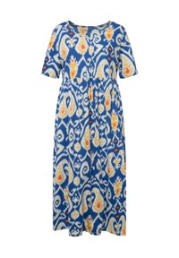 Sininen mekko, jossa on pyöreä pääntie ja lyhyet hihat. Siinä on valkoisia, oransseja ja keltaisia kukkakuvioita. Kootussa vyötärössä ja virtaavassa muotoilussa.