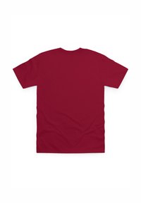 Bordová tričko s krátkým rukávem, kulatým výstřihem a hladkou texturou. Na zadní straně nejsou viditelné vzory ani grafika.