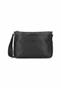 Borsa a spalla nera in nylon con chiusura a zip, tracolla regolabile e tasca frontale con un logo discreto. Texture liscia, forma rettangolare.