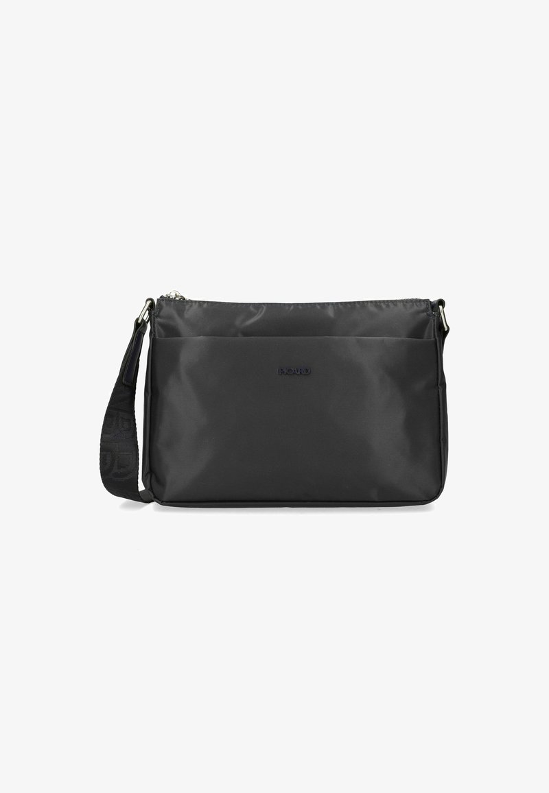 Borsa a spalla nera in nylon con chiusura a zip, tracolla regolabile e tasca frontale con un logo discreto. Texture liscia, forma rettangolare.
