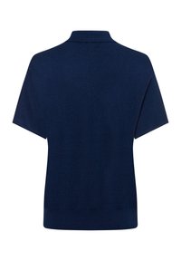 Navyblauwe polo met korte mouwen, kraag, standaard pasvorm, ribbelzoom en gladde textuur, gezien vanuit de achterkant.