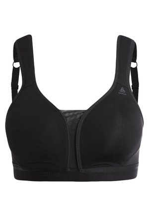 Sujetador deportivo negro con copas moldeadas, tirantes anchos ajustables y banda elástica. Presenta un inserto de malla para transpirabilidad y un logo en el lateral.