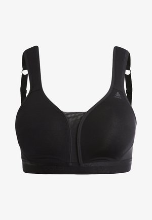Soutien-gorge de sport noir avec coque moulée, larges bretelles ajustables et bande élastique. Présente une insertion en mesh pour la respirabilité et un logo sur le côté.