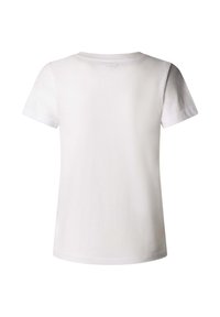 Effen wit T-shirt met korte mouwen, gezien van achteren, met een ronde halslijn en zonder zichtbare patronen of logo's.