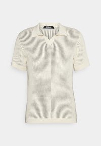Koszulka polo z krótkim rękawem w kremowym kolorze, wykonana z dzianiny, z dekoltem w serek, otwartym wzorem siatkowym oraz ściągaczami na mankietach. Lekka i przewiewna konstrukcja.