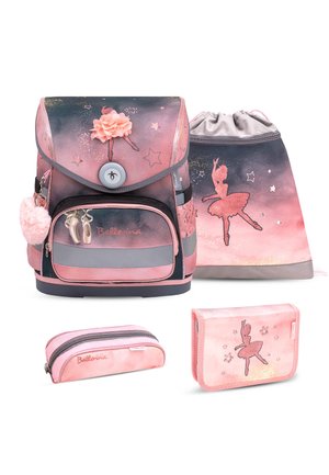 Pink and purple ballerina-themed backpack set with pompom, shoe print, star patterns, drawstring bag, pencil case, and wallet.