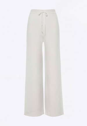 Pantaloni a gamba larga in tessuto grigio chiaro. Presentano una cintura elastica con coulisse. Tessuto morbido e design fluente. Nessun motivo o accessorio metallico.