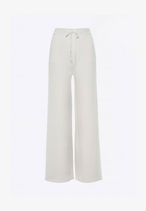 Wide-leg pants in light grey fabric. Features an elastic waistband with a drawstring. Soft texture and flowing design. No patterns or hardware.