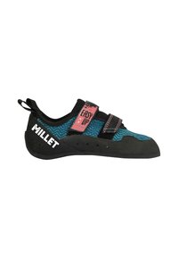 Climbing shoe with a black rubber sole, teal woven upper, and dual strap design. Features distinctive Millet branding and perforations for breathability.