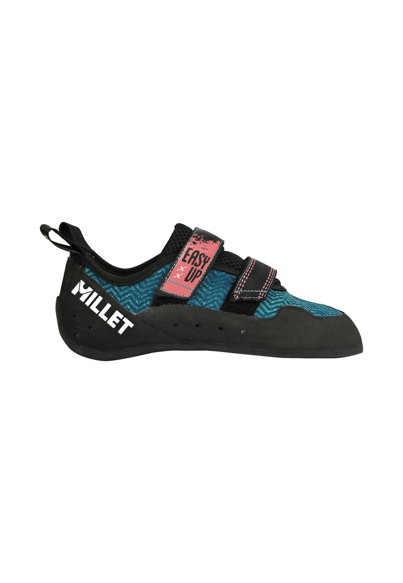 Climbing shoe with a black rubber sole, teal woven upper, and dual strap design. Features distinctive Millet branding and perforations for breathability.