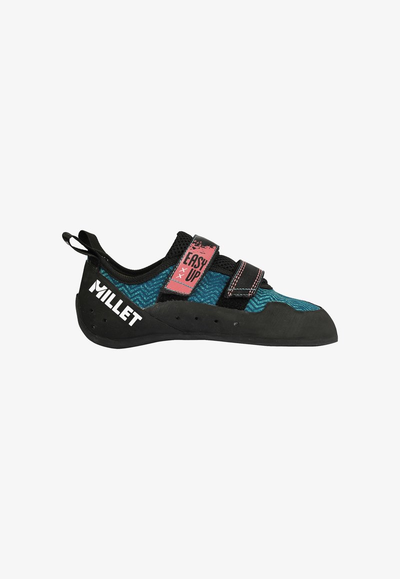 Climbing shoe with a black rubber sole, teal woven upper, and dual strap design. Features distinctive Millet branding and perforations for breathability.