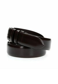 Cintura in pelle marrone scuro con una finitura liscia, caratterizzata da una fibbia elegante e una punta arrotondata. La cintura è arrotolata e mostra la sua curvatura.