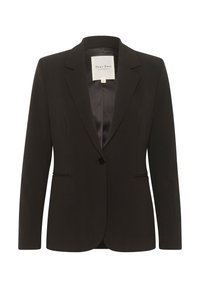 Blazer noir à manches longues, avec revers crantés, fermeture à un bouton et deux poches avant. Tissu lisse avec une coupe ajustée.