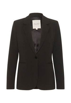Black blazer with long sleeves, notched lapels, single button closure, and two front pockets. Smooth fabric with a tailored fit.