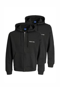 Schwarze Zip-Hoodies aus einem weichen, strukturierten Stoff, mit einer Fronttasche, Kapuze mit Kordelzug und dezentem gesticktem Logo.