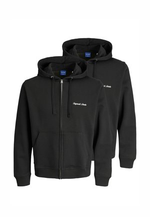 Svarta zip-up hoodies i ett mjukt, texturerat tyg, med en framficka, dragsko huva och subtilt broderad logotyp.