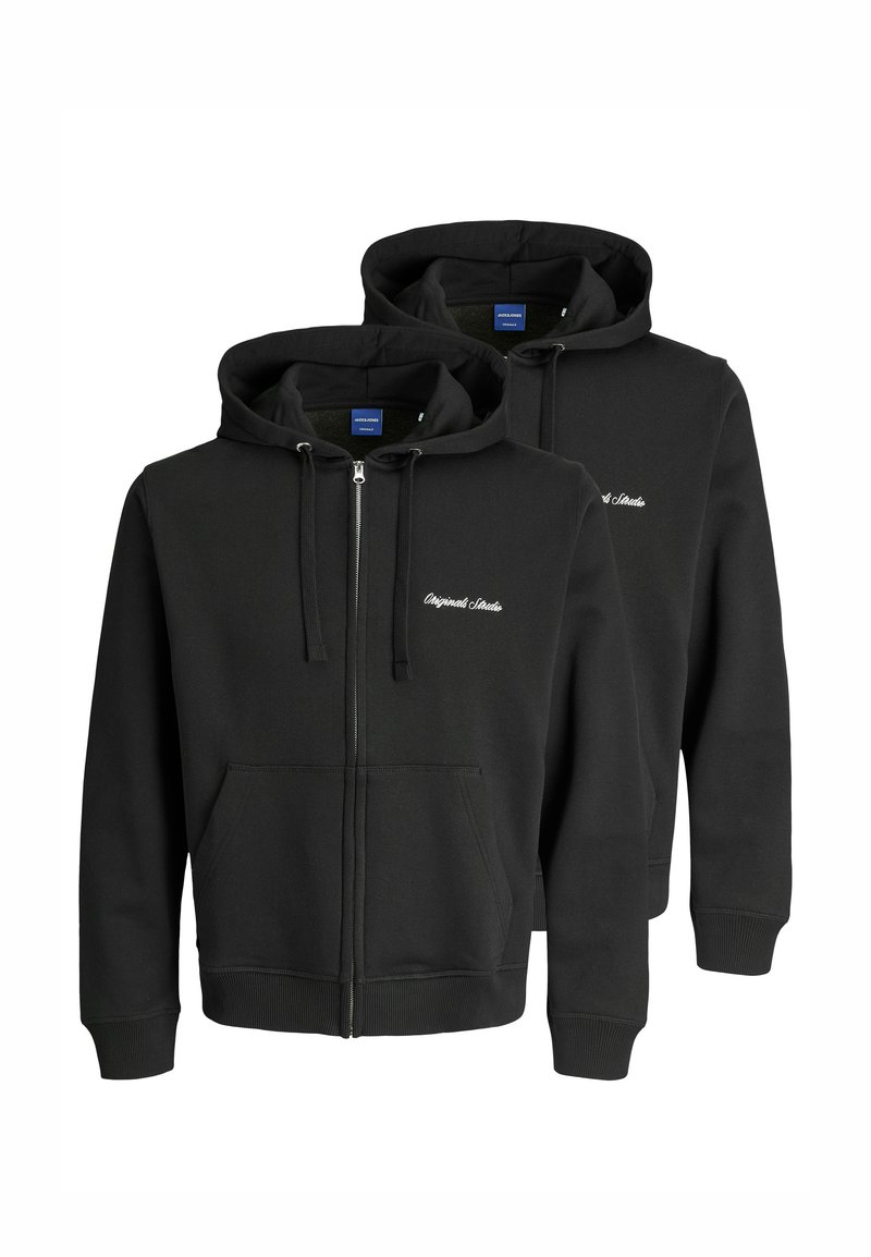 Schwarze Zip-Hoodies aus einem weichen, strukturierten Stoff, mit einer Fronttasche, Kapuze mit Kordelzug und dezentem gesticktem Logo.