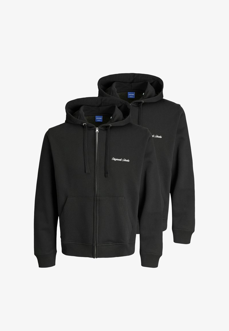 Schwarze Zip-Hoodies aus einem weichen, strukturierten Stoff, mit einer Fronttasche, Kapuze mit Kordelzug und dezentem gesticktem Logo.