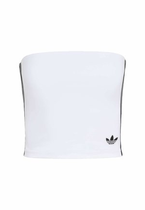 Biały biustonosz bandeau wykonany z elastycznego materiału. Posiada czarne paski po bokach oraz małe czarne logo na zakończeniu. Gładka tekstura.