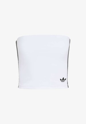 Bandeau blanc en tissu extensible. Présente des rayures latérales noires et un petit logo noir sur l'ourlet. Texture lisse.