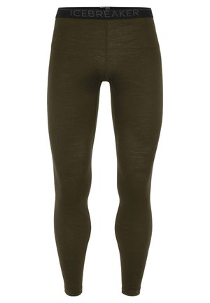 Olivgröna leggings tillverkade av stretchigt material, med en svart Icebreaker-logotyp på midjebandet, slim-fit form och en jämn textur.