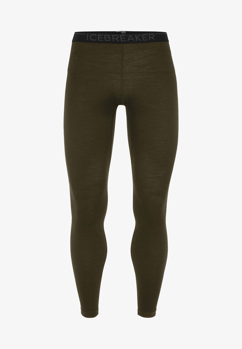 Leggings verde-oliva feitos de material elástico, com uma cintura estampada em preto com o logótipo Icebreaker, formato ajustado e textura suave.