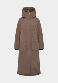 Lange braune Parkajacke mit Kapuze, vorderen Druckknöpfen, zwei großen Fronttaschen und schwarzen Manschetten. Glattes, wasserabweisendes Material.