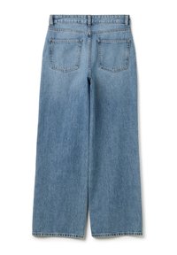 Jeans a gamba larga in denim azzurro chiaro con vita alta, dotati di due tasche posteriori e un classico design a 5 tasche. Texture liscia, senza motivi.