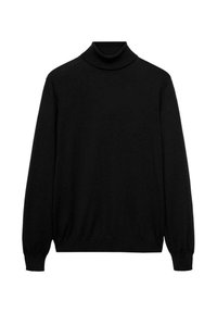 Svart polo-tröja i mjukt, elastiskt material. Har långa ärmar, en åtsittande hals och ribbade fållar och manschetter.