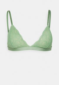 Bralette rendado em verde-claro com formato triangular, alças ajustáveis, bordas onduladas e uma faixa inferior suave e lisa.