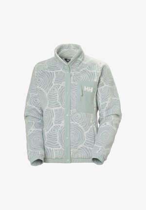 Polarowa kurtka w jasnoniebieskim kolorze z okrągłymi białymi wzorami. Posiada kieszeń na zamek błyskawiczny oraz zapięcie na napy z przodu. Miękka tekstura i ściągacze przy mankietach.