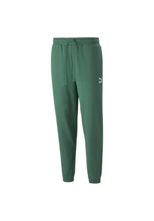 Groene sportieve joggers van zacht materiaal met een trekkoord in de taille en elastische enkelboorden; heeft een klein wit logo aan de linkerkant.
