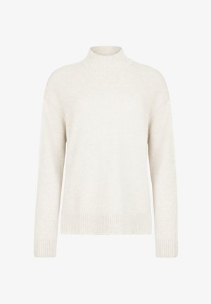 Ljusbeige tröja med hög, ribbad halsringning och långa ärmar. Har en mjuk textur samt ribbade muddar och fåll. Enkel, minimalistisk design.