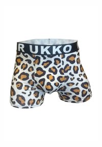 Herren-Boxershorts aus einem weißen Stoff mit einem Leopardenmuster in Brauntönen und Schwarz. Mit einem schwarzen elastischen Bund, auf dem der Text "RUKKO" steht.
