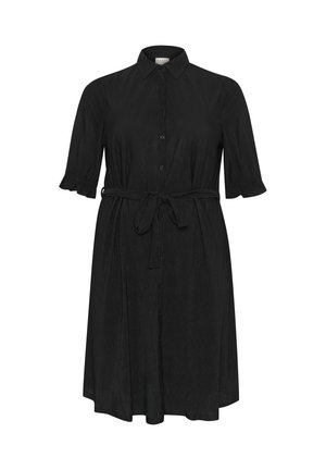 Sort skjortekjole med knaplukning foran, krave, korte ærmer med volang og en knyttet talje. Fremstillet af tekstureret stof.