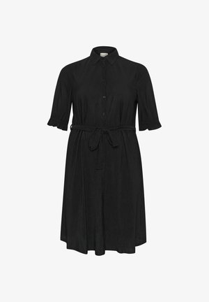 Rochie neagră dintr-un material texturat, cu nasturi pe față, guler, mâneci scurte cu volane și talie legată.