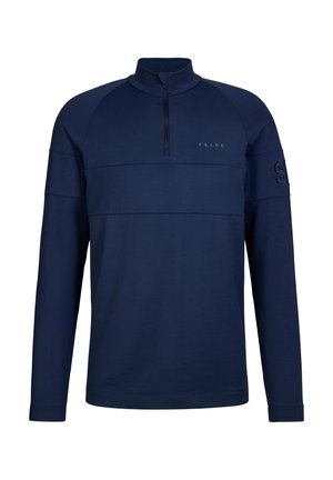 Navy blue long-sleeve pullover with quarter zip, high collar, subtle "FALKE" logo on chest, and embossed "S" on left sleeve.