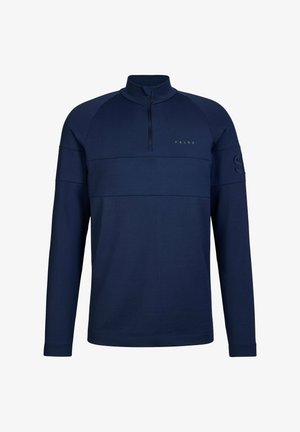 Navy blue long-sleeve pullover with quarter zip, high collar, subtle "FALKE" logo on chest, and embossed "S" on left sleeve.
