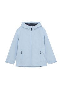 Giacca azzurra resistente all'acqua con cappuccio, zip frontale e due tasche con zip. Presenta polsini elasticizzati e una texture morbida e liscia.