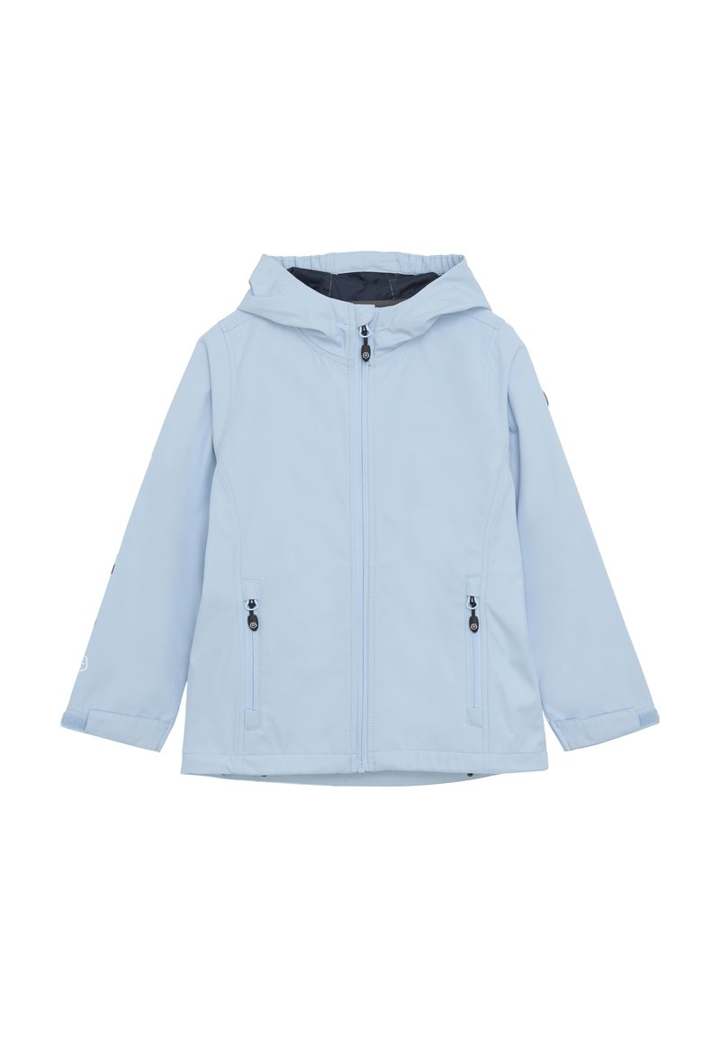 Giacca azzurra resistente all'acqua con cappuccio, zip frontale e due tasche con zip. Presenta polsini elasticizzati e una texture morbida e liscia.