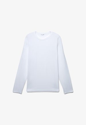 Camicia bianca a maniche lunghe realizzata in tessuto morbido. Presenta un collo rotondo e una vestibilità comoda, senza pattern o dettagli visibili.