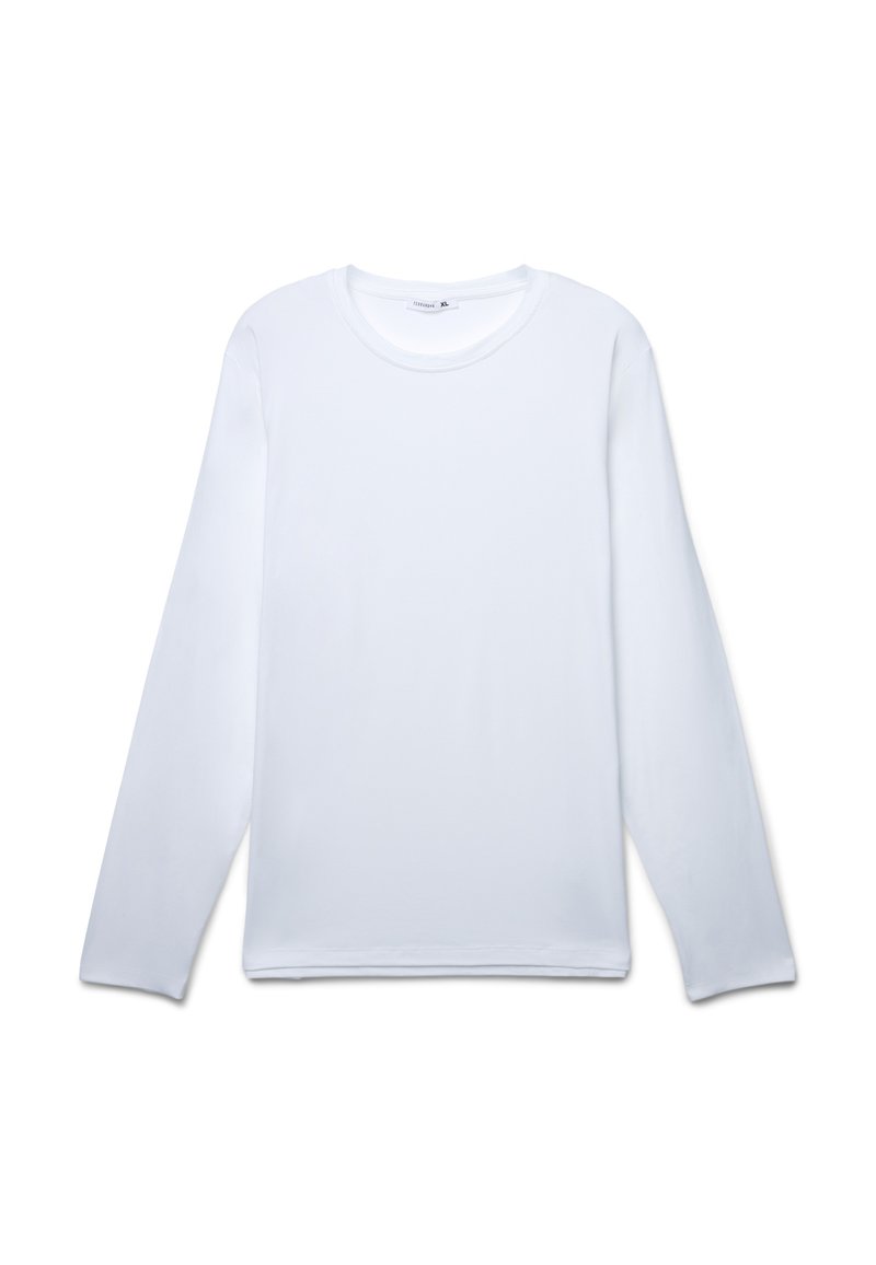 Biała koszula z długim rękawem wykonana z gładkiego materiału. Posiada okrągły dekolt i luźny krój, bez widocznych wzorów lub akcentów.