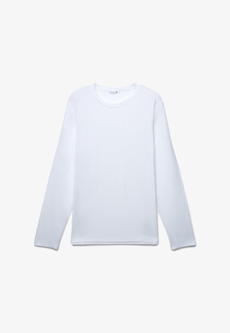 Biała koszula z długim rękawem wykonana z gładkiego materiału. Posiada okrągły dekolt i luźny krój, bez widocznych wzorów lub akcentów.