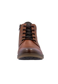 Bottine en cuir marron avec des lacets noirs, un bout rond et une fermeture éclair sur le côté. Fini lisse avec une semelle texturée et des accents contrastants.