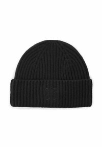 Bonnet en tricot noir avec une texture côtelée et un revers replié. Présente un logo papillon brodé discret à l'avant.