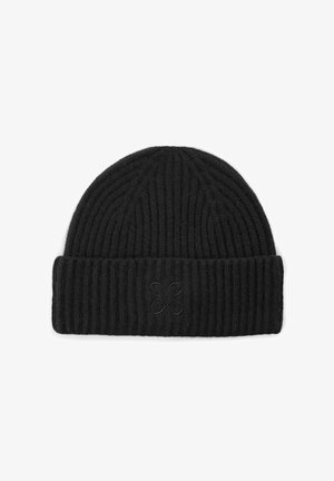 Black knitted beanie with ribbed texture and a folded cuff. Features a subtle embroidered butterfly logo on the front.