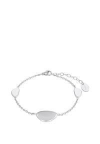 Bracciale in argento con tre anelli ovoidali lisci su una delicata catena, con chiusura a moschettone e catena di estensione regolabile.
