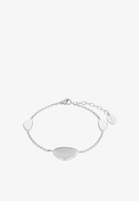 Pulsera de plata con tres eslabones ovalados y lisos en una cadena delicada, con un cierre de langosta y una cadena de extensión ajustable.