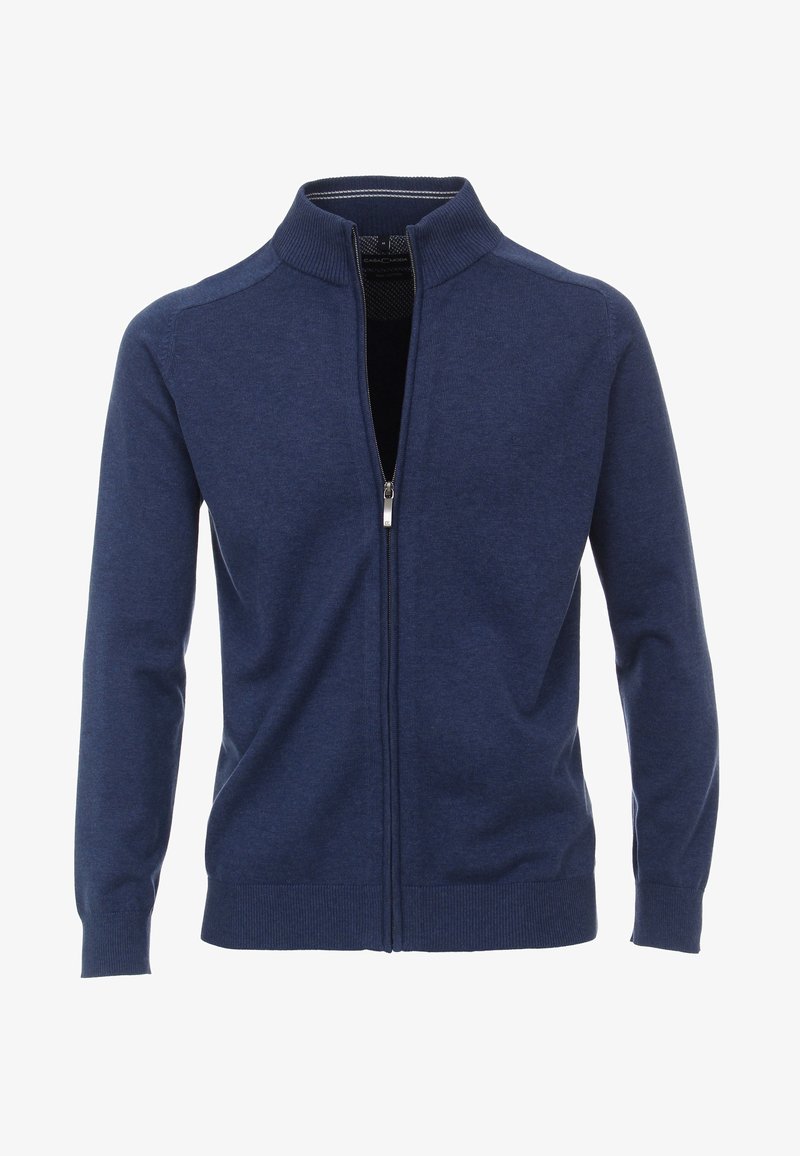 Mörkblå zip-up kofta med hög krage, tillverkad av ett mjukt stickat material. Har ribbade ärmslut och nederkant med minimala detaljer.