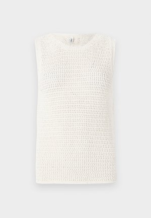 Top senza maniche lavorato a maglia di colore avorio, con un motivo a trama aperta e scollo rotondo. Il tessuto ha un aspetto testurizzato.